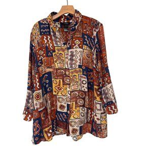 Ali Miles Multicolor Abstract Button-Up Tunic Top size large womens wired collar